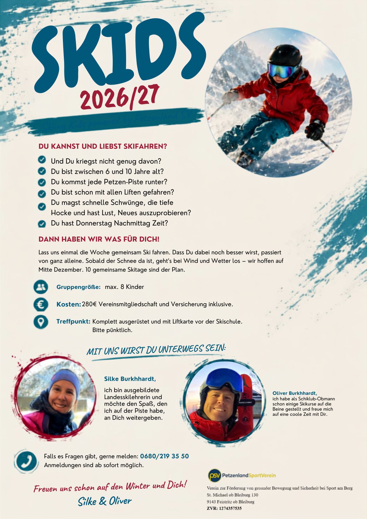 Plakat Skikids 2026/27: Skikurs für Kinder von 6 bis 10 Jahren, donnerstags, 10 Skitage, 280 Euro